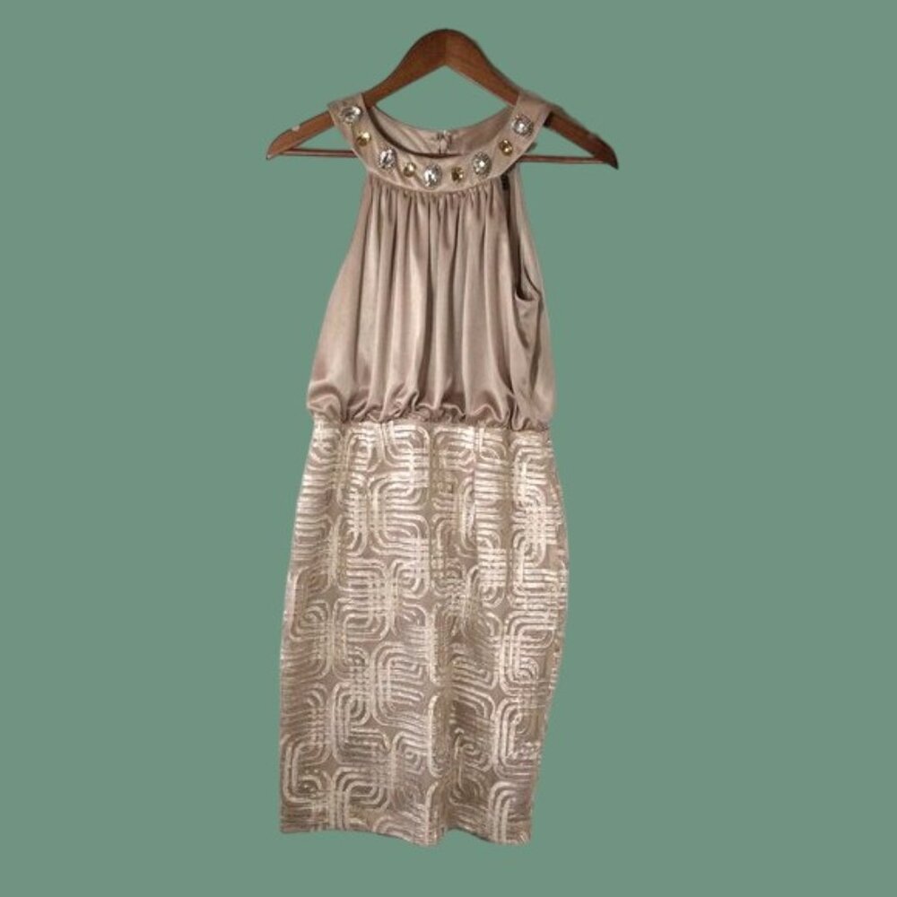 Jessica Howard Evening Champagne Dress With Mesh Overlay Size 4